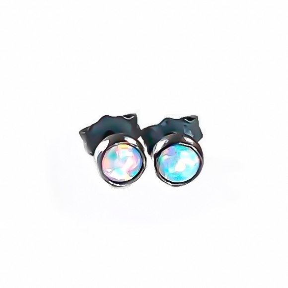 Oxidized 925 Sterling Silver 4mm Genuine White Fire Opal Gemstone Stud Earrings - Picture 6 of 13